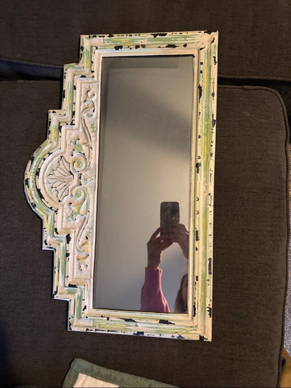 Distressed White and Green Ornate Wall Mirror - Unbranded